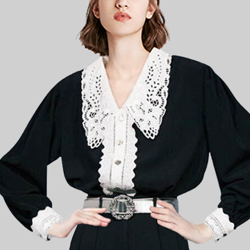 蕾丝拼接法式娃娃领女2022年衬衫 qooel衬衫