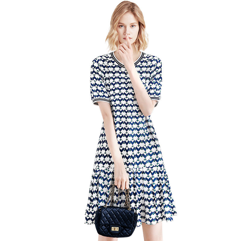 印花圆领短袖连衣裙女2025年夏季复古显瘦遮肉设计感百褶a字裙潮