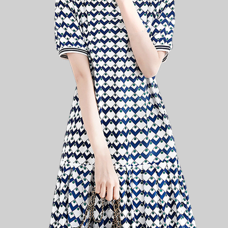 印花圆领短袖连衣裙女2025年夏季复古显瘦遮肉设计感百褶a字裙潮