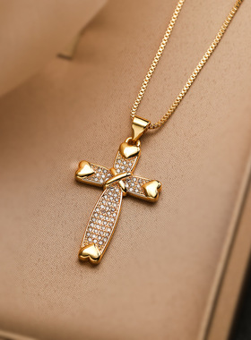 复古欧美简约铜镀18k金锆石十字架吊坠项链女小众个性复古锁骨