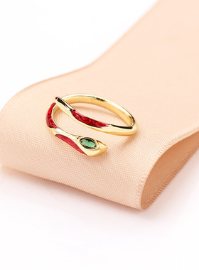 中式新年新品红色灵蛇戒指气质简约滴油珐琅釉生肖动物开口戒女款