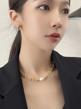 轻奢夸张仙气彩钻颈链巴洛克珍珠