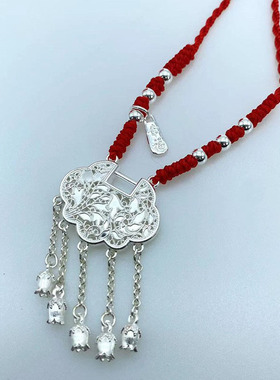 足银镀金红绳编织穿银珠点缀掐丝工艺铃兰花长命锁中式风汉服配饰