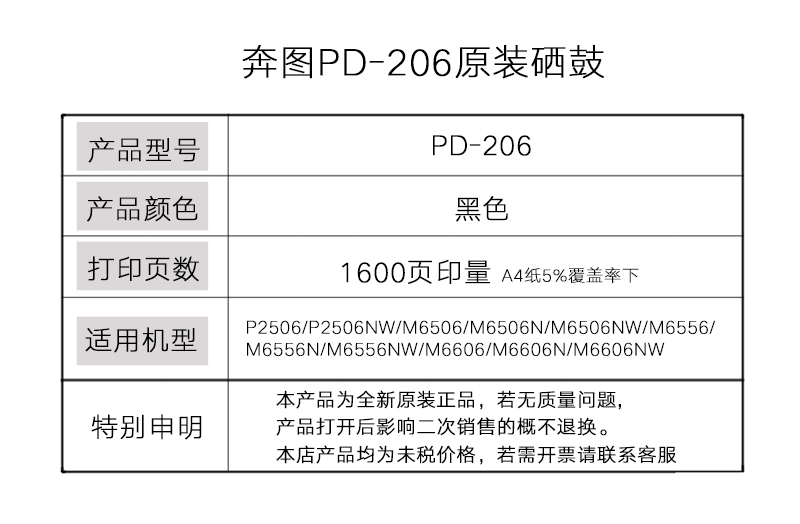 奔图原装PD-206硒鼓 p2506 p2506w m6506 m6506nw P2510w m6606nw - 图1