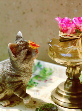 蝴蝶猫咪花园摆件可爱艺仿真动物多肉大花盆阳台民宿布景鱼缸水景