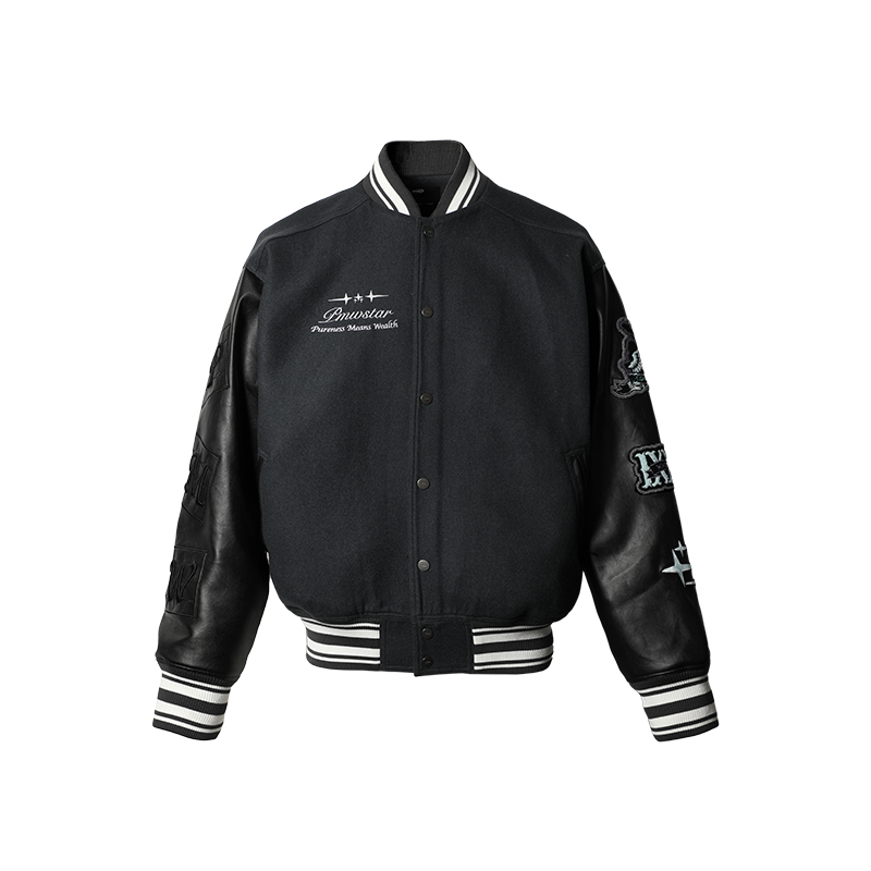 PMW 明星同款复古做旧羊毛LOGO拼色棒球服美式休闲百搭夹克外套 - 图3