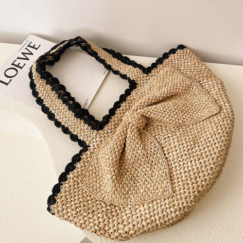2026春蝴蝶结拉菲草手工编织包女度假旅行手提单肩包大容量托特包 - 图1