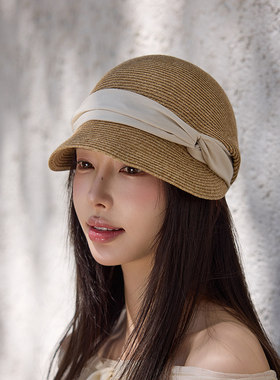 春夏草编透气蝴蝶结马术鸭舌帽女