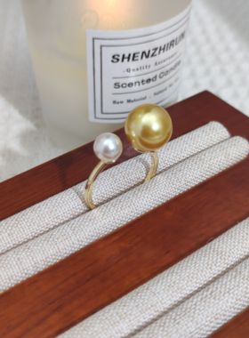 倪妮同款珍珠戒指女 施家人造珍珠南阳金时尚开口可调节轻奢指环