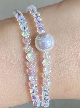 双层施家珍珠水晶手链 Akoya天女极光伴彩光泽 人造海水珍珠爆闪