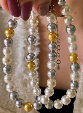 糖果色混彩珍珠项链女 施家珍珠正圆极光轻奢小众高级感锁骨链