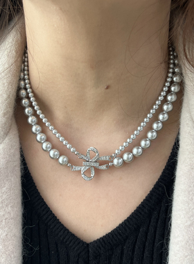 双层蝴蝶结真多麻灰珍珠链颈链秋冬短款毛衣链2025新款爆款轻奢女