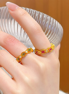 沙金镂空花丝复古彩宝马眼戒指