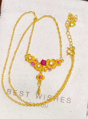 玫红钻拉丝繁花朵朵流苏吊坠项链