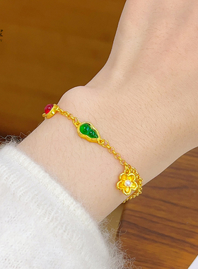 女沙金翡翠绿葫芦珍珠小花手链