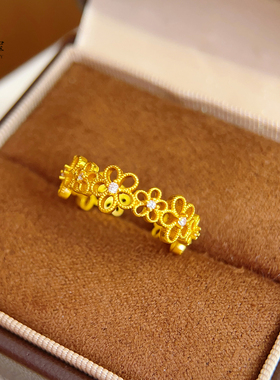 女沙金点钻蕾丝花朵开口戒指