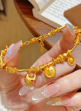 女沙金锤纹胖福黄财神葫芦手链