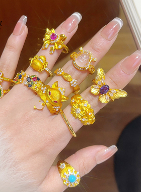 女沙金镂空花丝素圈实心戒指