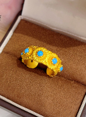 女沙金錾刻绿松小雏菊开口戒指