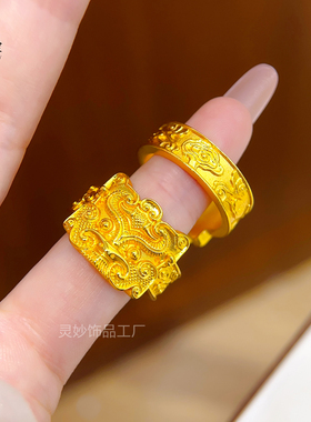沙金饕餮兽面纹戒指轻奢瑞兽
