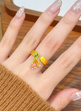 女沙金国风莲花吉祥纹珍珠指环