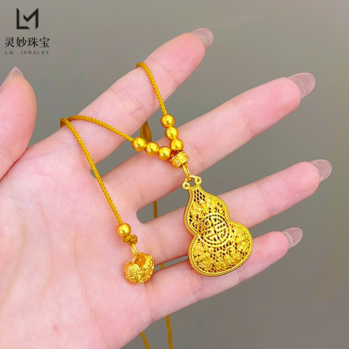 沙金新中式国潮风镂空扁葫芦吊坠毛衣链复古项链女送礼物时尚百搭 - 图0