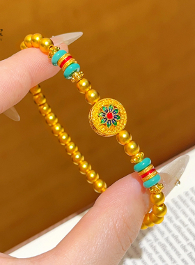 复古沙金绿宝相花算盘珠圆珠手链