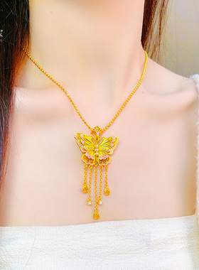 女沙金烧蓝珐琅花丝蝴蝶流苏吊坠