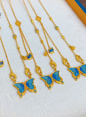 女沙金花间宿蓝色大蝴蝶吊坠项链