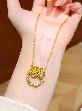 沙金镶钻玫瑰花花环项链闪钻女款