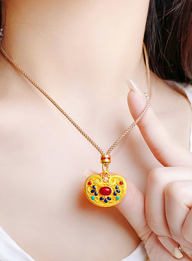 女沙金999花丝凤华景福锁包吊坠