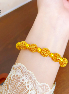 女沙金999花丝玲珑镂空圆珠手链