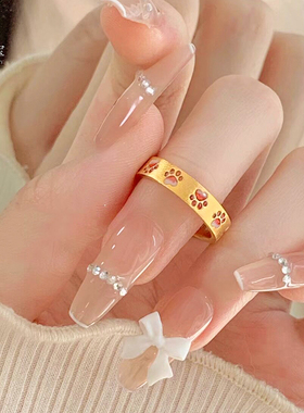 女沙金999粉可爱猫爪印戒指开口