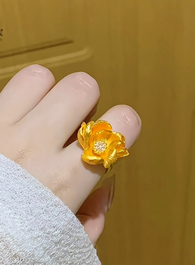 女沙金点钻拉丝芍药花可调节戒指