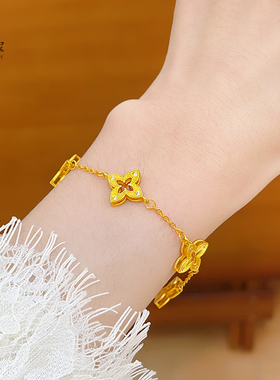 女沙金镂空点钻菱形四叶草项链