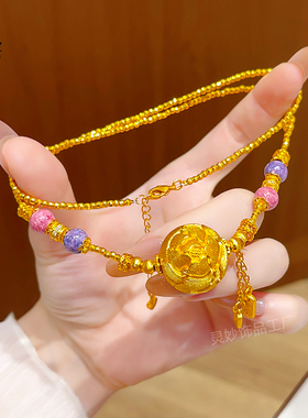 沙金牡丹花绣球平安牌蹦迪珠项链
