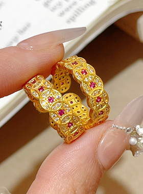 女沙金玫红钻钱币戒指开口指环