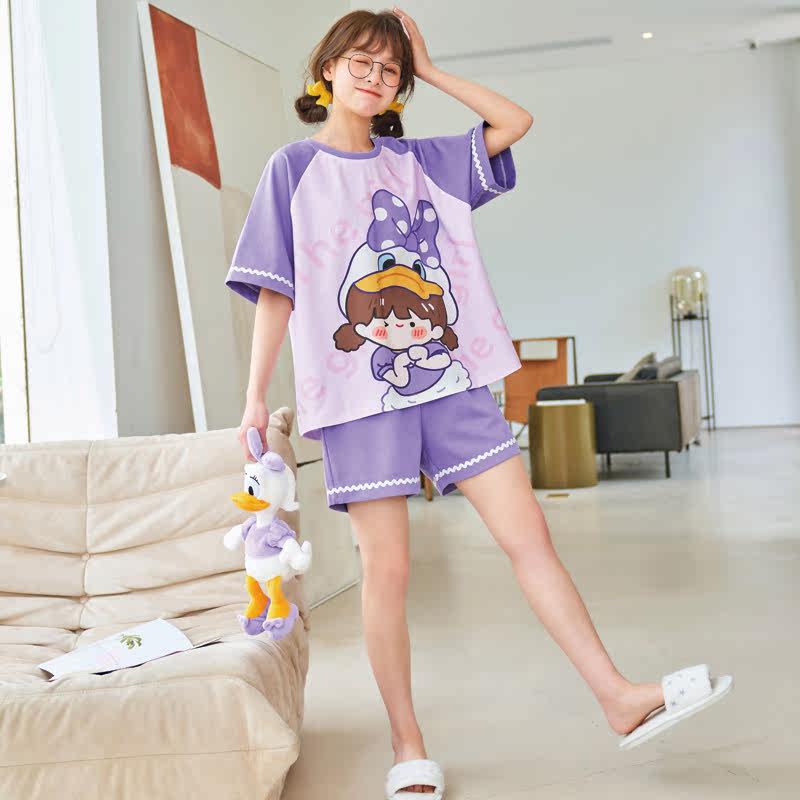 21年新款睡衣女夏季紫色纯棉卡通可爱甜美家居服短袖