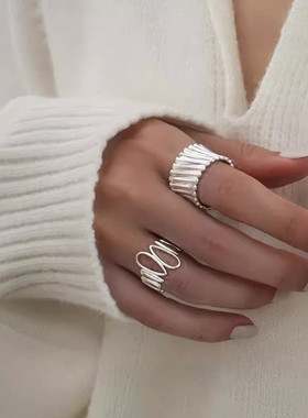镂空水滴不规则戒指女几何竖纹个性S925镀银开口指环网红食指戒潮
