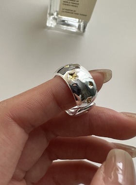 S925镀银满天星戒指女时尚个性宽边创意五角星拼色开口指环食指戒