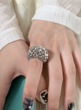 S925镀银夸张个性编织戒指女几何网格时尚嘻哈朋克指环创意食指戒