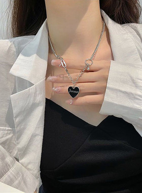韩版黑色钛钢爱心项链女