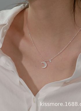 琛墨日月星河简约骨兰白蝶贝月亮纯银项链仙女小众锁骨链轻奢s925