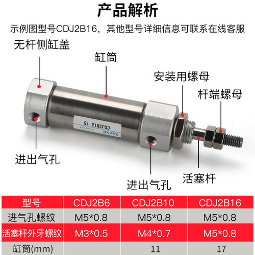 PB小型气动不锈钢迷你气缸 CDJ2B 16-10-15/20/25/30/35x 40*50-B - 图0