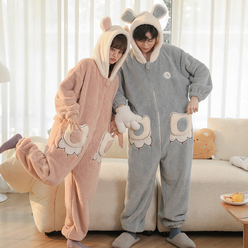 情侣连体冬天加绒珊瑚绒秋冬季睡衣 戴蜜睡衣/家居服套装
