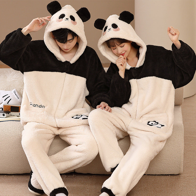 熊猫情侣连体秋冬季加绒珊瑚绒睡衣 戴蜜睡衣/家居服套装
