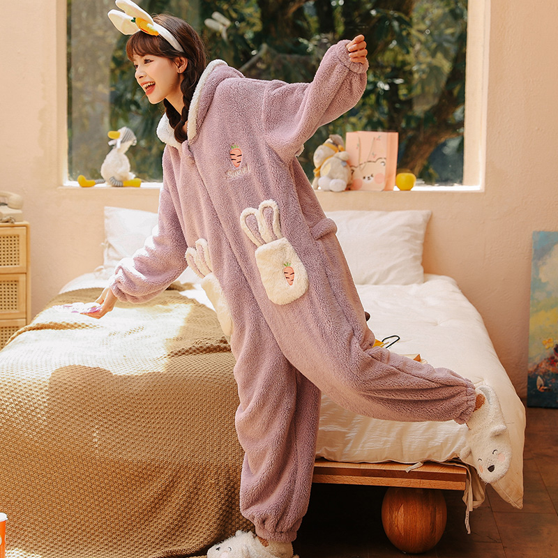 连体冬季加绒珊瑚绒可爱兔子睡衣 戴蜜睡衣/家居服套装