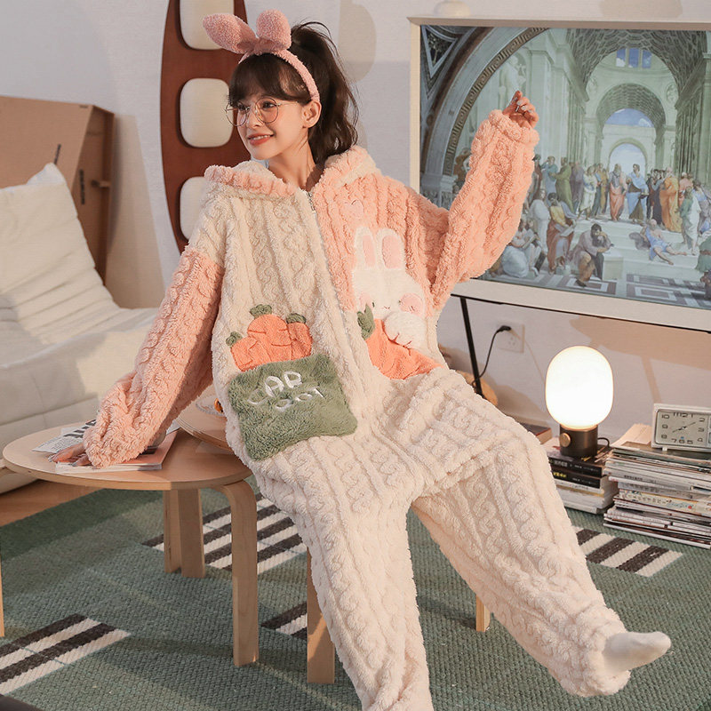 连体秋冬季珊瑚绒卡通萝卜兔睡衣 戴蜜睡衣/家居服套装