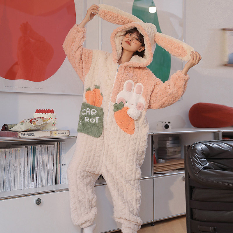 连体秋冬季珊瑚绒卡通萝卜兔睡衣 戴蜜睡衣/家居服套装