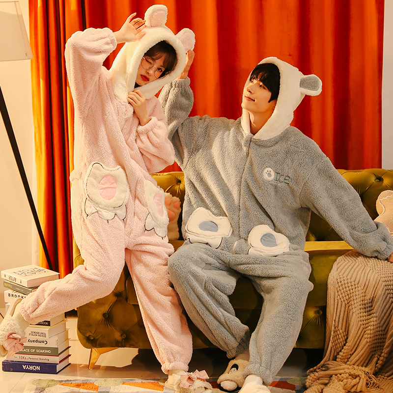 情侣冬季加绒珊瑚绒连体男士睡衣 戴蜜睡衣/家居服套装